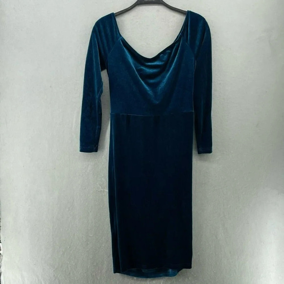 Shein Dress Womens Sz 6 Teal V-Neck Bodycon Stretch Pullover Velvet Faux Wrap - Picture 2 of 12